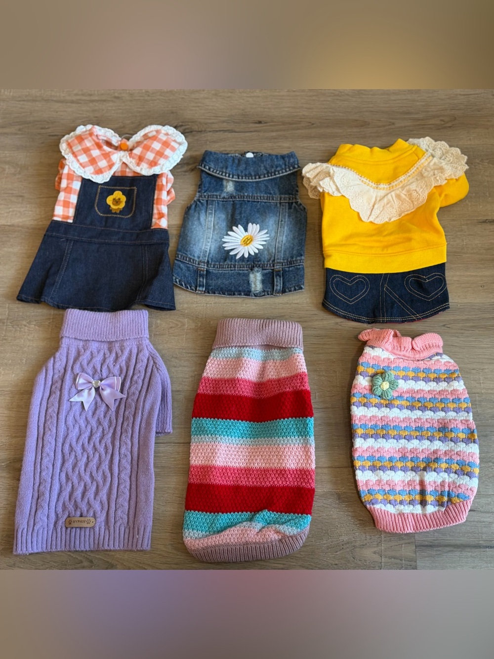 Lot 6 Dog Clothes Dresses Sweaters Denim Floral Knit Cute Pet Outfits Size M